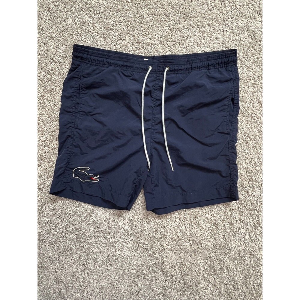 Lacoste Swim Trunks Shorts Men's M Navy Blue Mesh Lined Drawstring Pockets Logo